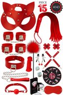 15 Parça Kırmızı Fantazi Oyun Seti – Maske, Kelepçe, Kırbaç & Aksesuar Hediyeli Lüks Koleksiyon
