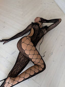 Siyah Dantel Vücut Çorabı – Leopar Desenli Transparan Fantazi Bodystocking