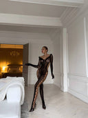 Siyah Dantel Vücut Çorabı – Leopar Desenli Transparan Fantazi Bodystocking