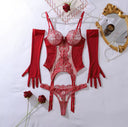 Bordo Dantel Detaylı Jartiyer Bodysuit – Çorap ve Eldivenli 3 Parça Set