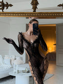 Siyah Dantel Vücut Çorabı – Leopar Desenli Transparan Fantazi Bodystocking