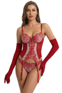 Bordo Dantel Detaylı Jartiyer Bodysuit – Çorap ve Eldivenli 3 Parça Set