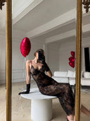 Siyah Dantel Gecelik – Tanga Hediyeli 2 Parça Şık ve Romantik Lingerie Set