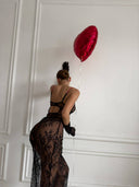 Siyah Dantel Gecelik – Tanga Hediyeli 2 Parça Şık ve Romantik Lingerie Set