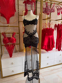 Aleksandra Siyah Brode Detaylı Uzun Elbise – Zarif ve Romantik Transparan Tasarım