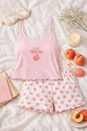 Kadın Şeftali Desenli Şort Takımı – Just Peachy İp Askılı Pijama Seti Pembe