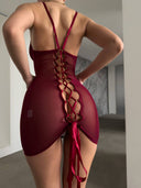 Bordo Transparan Esnek Elbise – Ayarlanabilir Askılı ve Tanga Hediyeli Zarif Tasarım