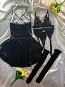 Siyah Elbiseli Lingerie Set – Ayarlanabilir Yumuşak Esnek & Jartiyer Hediyeli