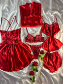 Heart Love 7 Parça İpek Saten Kırmızı Kalpli Set – Özel Kutulu & Bralet Hediyeli Lüks Paket