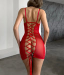Kırmızı Transparan Esnek Elbise – Ayarlanabilir Askılı ve Tanga Hediyeli Zarif Tasarım