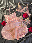 İpek Saten Volanlı Elbiseli Set – Bodysuit Hediyeli Zarif ve Şık Kombin