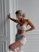 Aleksandra Ekru Brode Detaylı Uzun Elbise – Zarif ve Romantik Transparan Tasarım